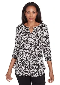 Petite Split Neck with Metal Clasp Detail Batik Scroll Dew Drop Printed Knit Top
