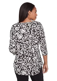 Petite Split Neck with Metal Clasp Detail Batik Scroll Dew Drop Printed Knit Top