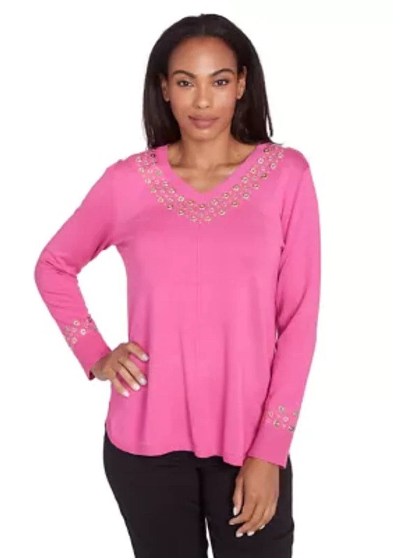 Petite V-Neck Grommet Embellished Fine Gauge Pull Over Sweater
