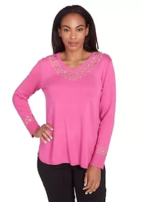 Petite V-Neck Grommet Embellished Fine Gauge Pull Over Sweater