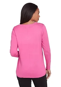 Petite V-Neck Grommet Embellished Fine Gauge Pull Over Sweater