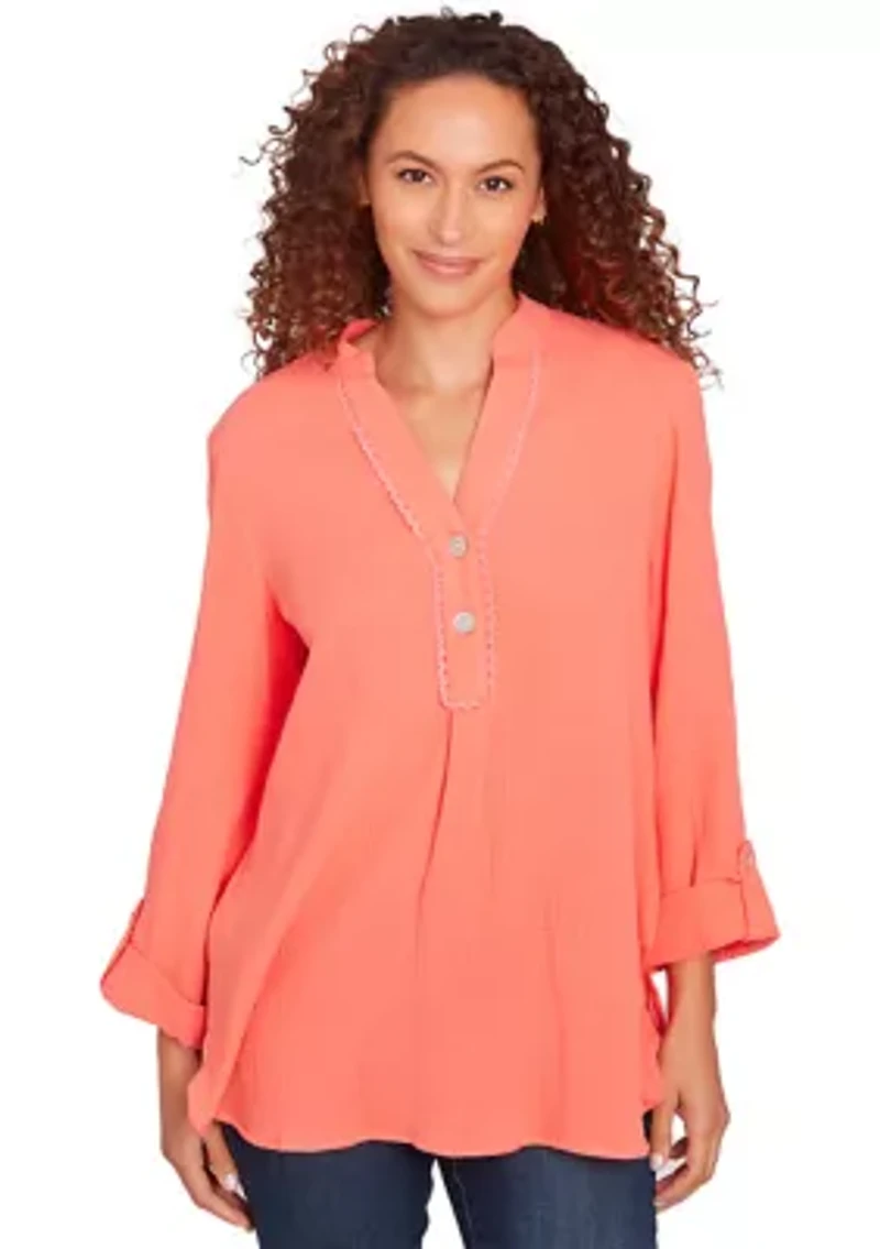 Women's Solid Gauze Roll Tab Sleeve Henley Top