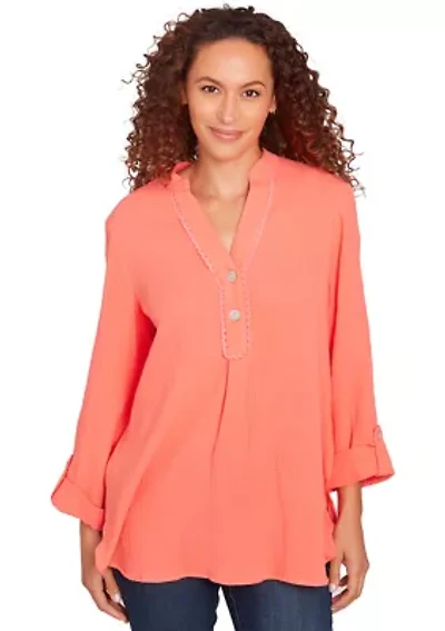 Women's Solid Gauze Roll Tab Sleeve Henley Top