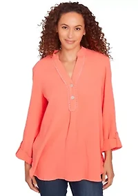 Women's Solid Gauze Roll Tab Sleeve Henley Top