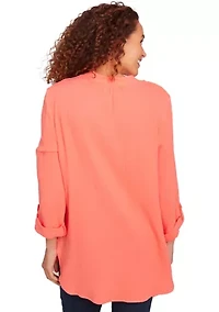 Women's Solid Gauze Roll Tab Sleeve Henley Top