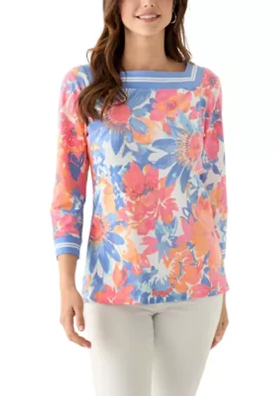 Women's Square Neck Floral Striped Trim Top