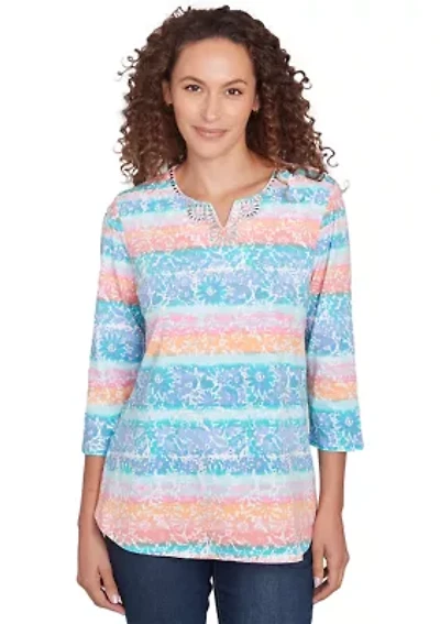 Women's Embellished Watercolor Stripe Print Top