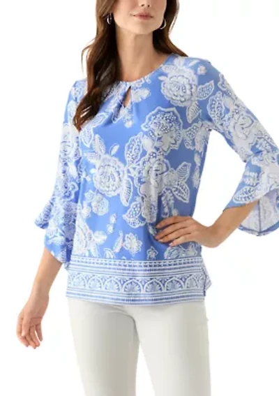 Women's Floral Border Puff Print Ruffle Top