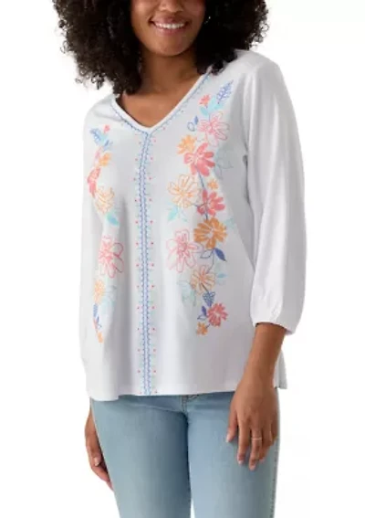 Women's Floral Embroidered Solid Knit Top