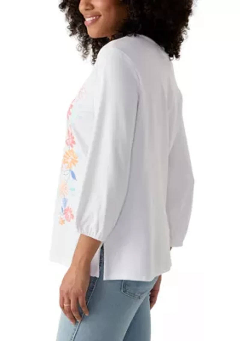 Women's Floral Embroidered Solid Knit Top