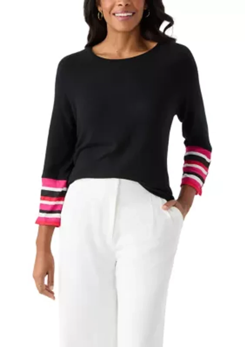 Women's Crew Neck Solid Hacci Knit Top with Striped Cuff Detail