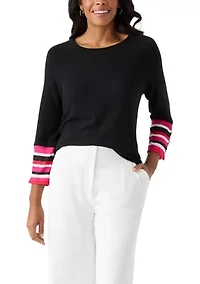 Women's Crew Neck Solid Hacci Knit Top with Striped Cuff Detail