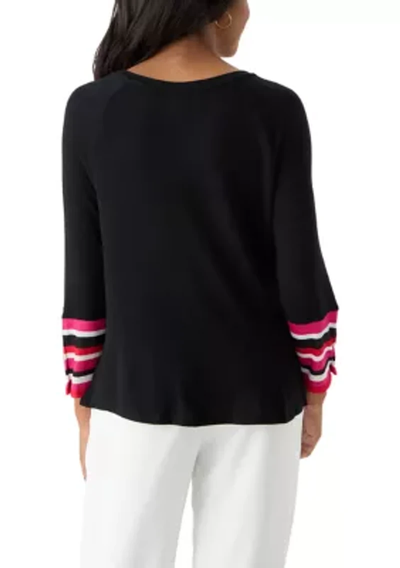 Women's Crew Neck Solid Hacci Knit Top with Striped Cuff Detail