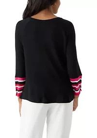 Women's Crew Neck Solid Hacci Knit Top with Striped Cuff Detail