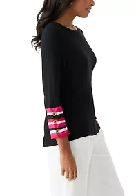 Women's Crew Neck Solid Hacci Knit Top with Striped Cuff Detail