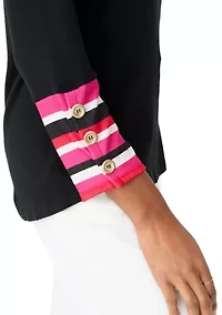 Women's Crew Neck Solid Hacci Knit Top with Striped Cuff Detail