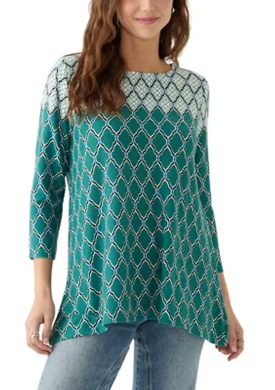 Women's Boat Neck Scalloped Medallion Border Print Hacci Shark Bite Top