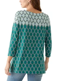 Women's Boat Neck Scalloped Medallion Border Print Hacci Shark Bite Top