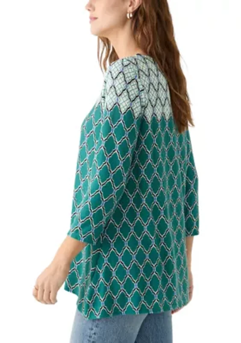 Women's Boat Neck Scalloped Medallion Border Print Hacci Shark Bite Top