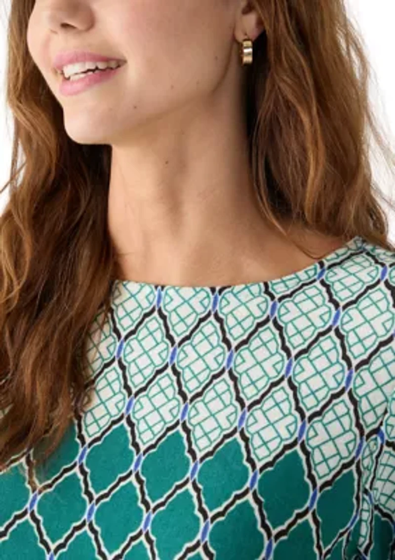 Women's Boat Neck Scalloped Medallion Border Print Hacci Shark Bite Top
