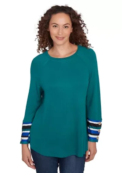 Plus Crew Neck Solid Hatchi Knit Top with Striped Cuff Detail