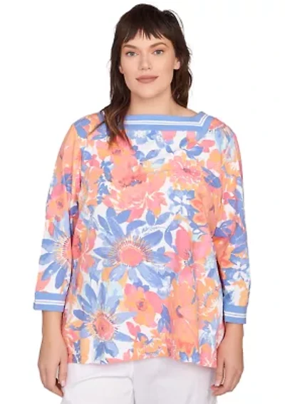 Plus Square Neck Floral Striped Trim Top