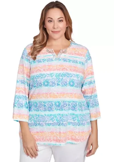 Plus Embellished Watercolor Stripe Print Top