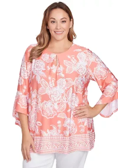 Plus Floral Border Puff Print Ruffle Top