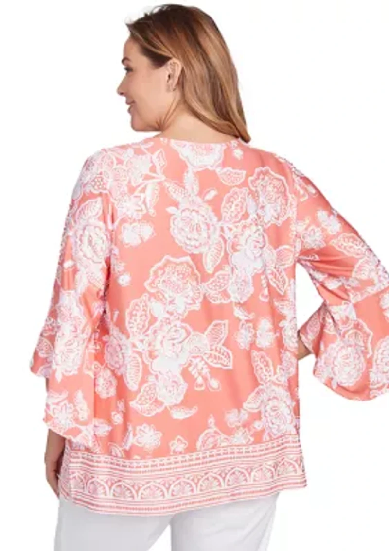 Plus Floral Border Puff Print Ruffle Top