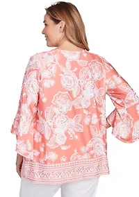 Plus Floral Border Puff Print Ruffle Top