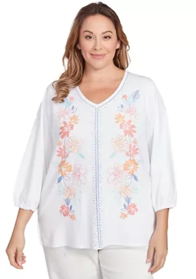 Plus Floral Embroidered Solid Knit Top