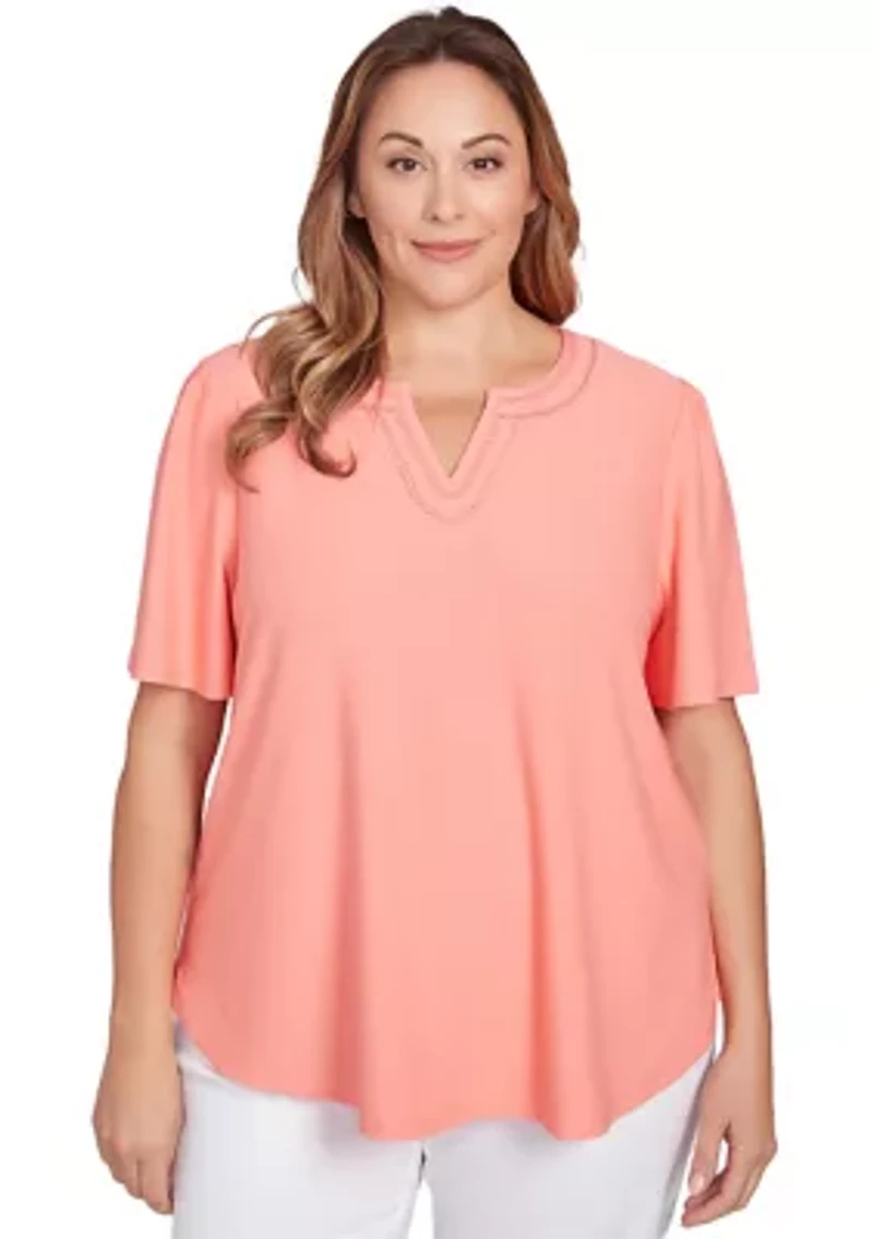 Plus Scoop Neck Texture Solid Knit Top With Short Ruffle Sleeves