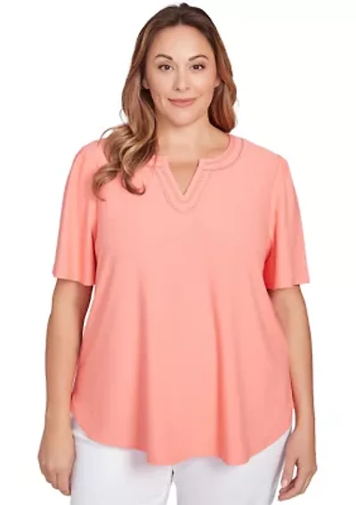 Plus Scoop Neck Texture Solid Knit Top With Short Ruffle Sleeves