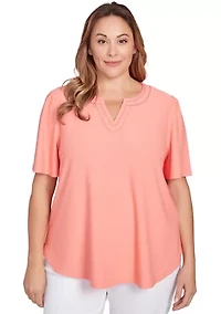 Plus Scoop Neck Texture Solid Knit Top With Short Ruffle Sleeves