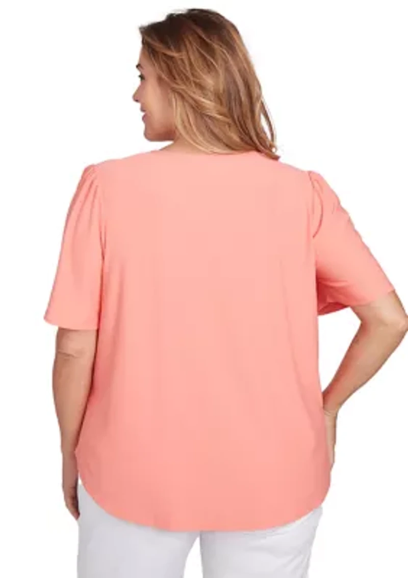 Plus Scoop Neck Texture Solid Knit Top With Short Ruffle Sleeves