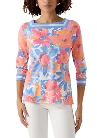 Petite Square Neck Floral Striped Trim Top