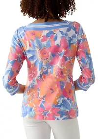 Petite Square Neck Floral Striped Trim Top