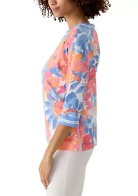 Petite Square Neck Floral Striped Trim Top