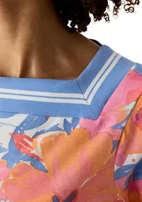 Petite Square Neck Floral Striped Trim Top