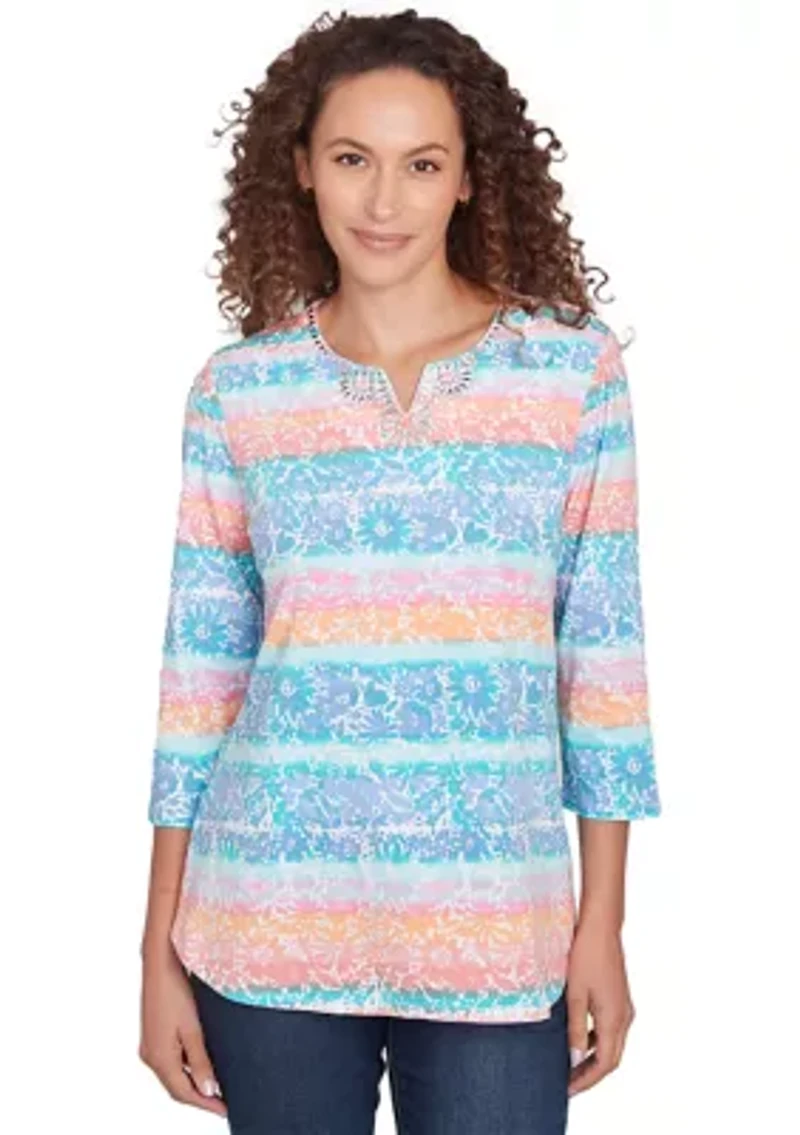 Petite Embellished Watercolor Stripe Print Top