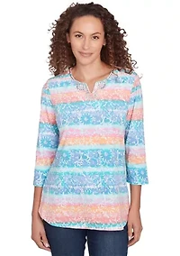 Petite Embellished Watercolor Stripe Print Top