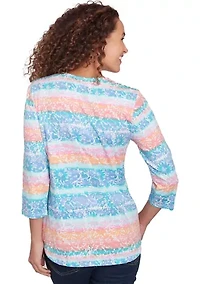 Petite Embellished Watercolor Stripe Print Top