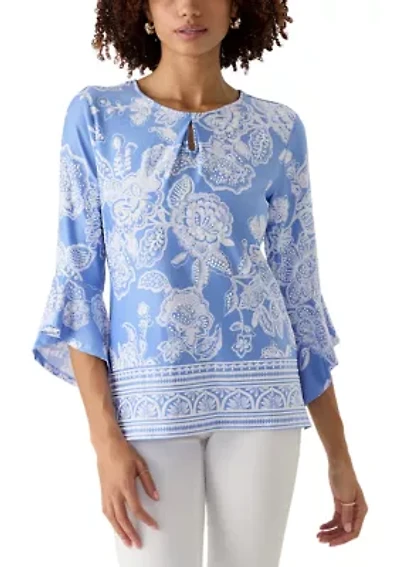 Petite Floral Border Puff Print Ruffle Top