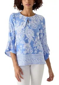 Petite Floral Border Puff Print Ruffle Top