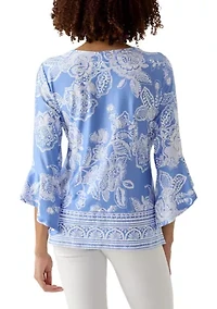 Petite Floral Border Puff Print Ruffle Top