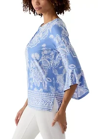 Petite Floral Border Puff Print Ruffle Top