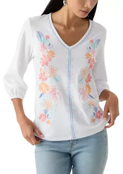 Petite Floral Embroidered Solid Knit Top