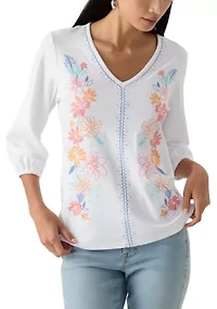 Petite Floral Embroidered Solid Knit Top