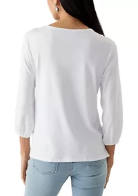 Petite Floral Embroidered Solid Knit Top