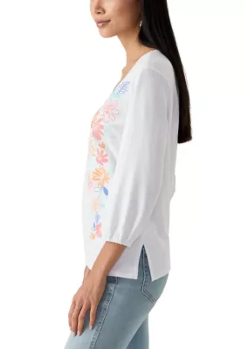Petite Floral Embroidered Solid Knit Top